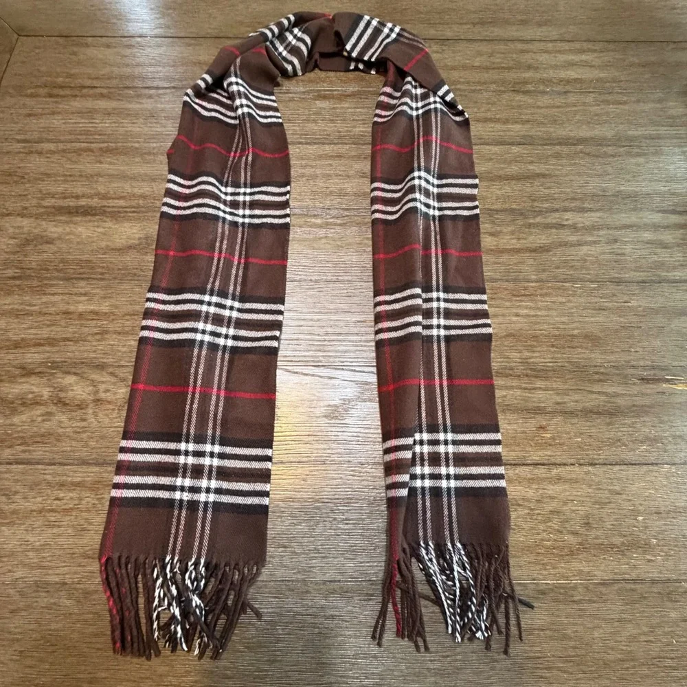 100% Cashmere Scarf Brown Plaid Made in Scotland Fringed Winter Neckwear